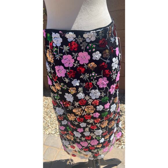 Evolutionary Multicolor Floral and Black Sequin and Mesh Side Zip Up Skirt Sz L - Picture 6 of 12